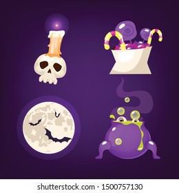 Halloween decoration cartoon vector set. Spooky and scary items isolated on purple. Skull, sweets, moon and bats stickers. Witch cauldron with magic potion patch. Horror decor flat cliparts