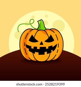 Halloween Decoration. Carved Pumpkin with Moon. Festive Jack-o'-lantern on Hill