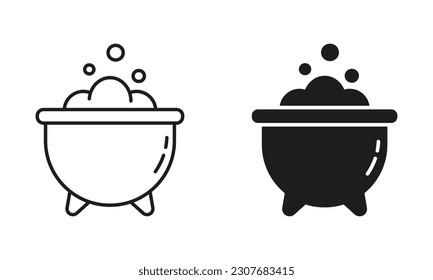 Halloween Decoration, Cauldron with Bubbling Potion Line and Silhouette Black Icon Set. Witches Cauldron Pictogram. Magicians Pot with Brew Symbol Collection. Isolated Vector Illustration.