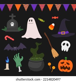 Halloween decoration cute and spooky stuff,component set, ghost, hand, candy, witch, bat, witch's cauldron, for october decorate