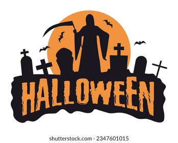 Halloween decoration. Death with scythe in a graveyard with tombstones on the background of an orange full moon. Vector illustration.