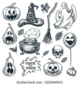 Halloween decoration design elements collection. Vector hand drawn sketch illustration. Holiday pumpkins with grinning face, ghost, witch hat, broom and cauldron isolated on white background