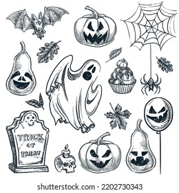 Halloween-Kollektion mit Designelementen. Vektorhandgezeichnete Skizzengrafik. Feiertagskürbis mit grauem Gesicht, Grabstein, Geist, Fledermaus und Spinne einzeln auf weißem Hintergrund