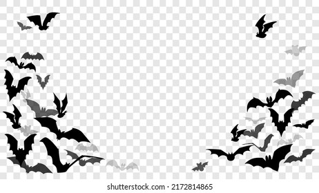 Halloween decoration element with chaotic flying flock of bats. Spooky frame with black isolated flittermouses. Vector illustration of silhouettes of vampires with different opacity