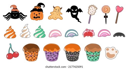 Halloween decoration elements Designed in doodle style on white background. Perfect for Halloween themed decorations, cards, stickers, digital prints, art for kids, craft and more.