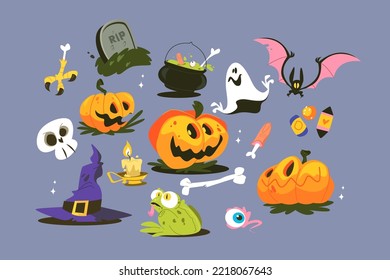 Los elementos de decoración de Halloween establecen la ilustración vectorial. Espectacular diseño nocturno. Felices símbolos de halloween concepto de estilo plano