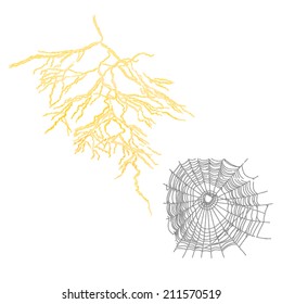 Halloween decoration flash and spider web horror set vector illustration