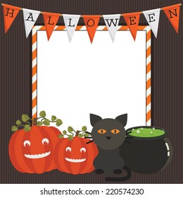 halloween decoration with frame for text, bunting, pumpkins, black cat, and cauldron