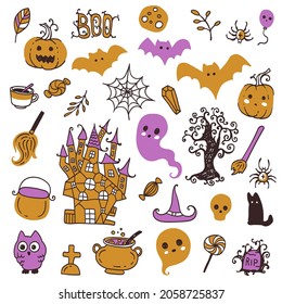 Halloween decoration hand drawn vector doodle set.
