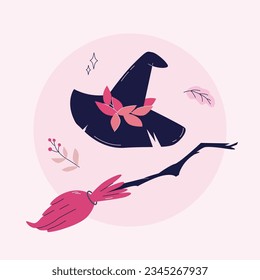 Halloween Decoration. hat and witch's broom as a concept of mysticism, gothic, halloween horror. Flat vector stock illustration for printing. Illustration for posters, postcards, greetings, web design