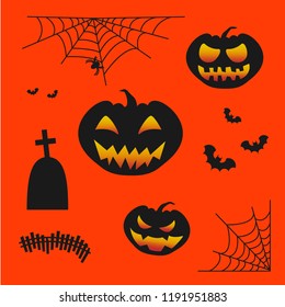 Halloween Decoration Items. elements of ornament, pumpkin, grave, web, bats