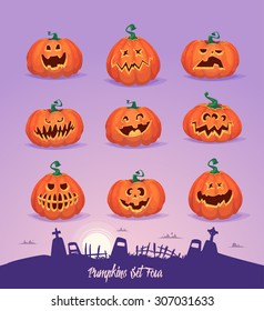 Halloween decoration Jack-o-Lantern set and cemetery background. Pumpkins designs with different facial expressions