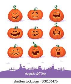 Halloween decoration Jack-o-Lantern set and cemetery background. Pumpkins designs with different facial expressions