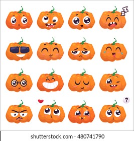 Halloween decoration Jack-o-Lantern set Pumpkins designs with different facial expressions. Cute stylish characters.