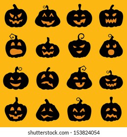 Halloween decoration Jack-o-Lantern silhouette set. Pumpkins designs with different facial expressions