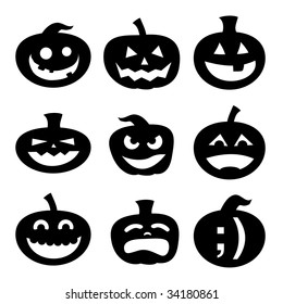 Halloween decoration Jack-o-Lantern silhouette set.  Carved pumpkin designs with different facial expressions, from silly to happy to scary.