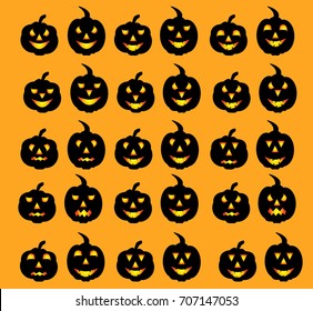 Halloween decoration Jack-o-Lantern silhouette set. Pumpkins designs with different facial expressions