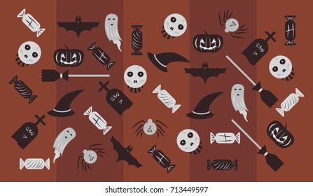 Halloween decoration pattern vector illustration with skulls, hats, brooms, bats, candy and ghosts or a red and brown background . 