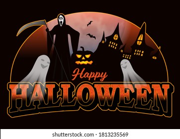 Halloween decoration for poster or banner. Background with castle, bats and ghost, grim reaper. Vector illustration.