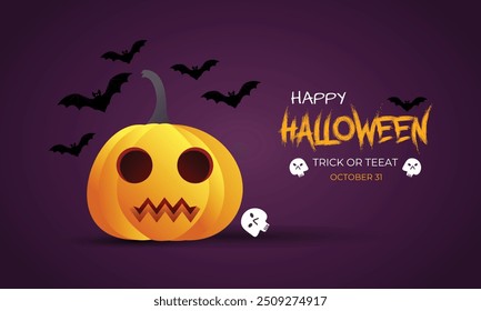 A Halloween decoration with pumpkins, bats, ghosts, spiders, maple leaves on an orange background