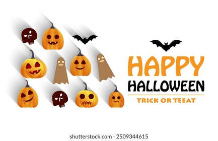 A Halloween decoration with pumpkins, bats, ghosts, spiders, maple leaves on an orange and white background.