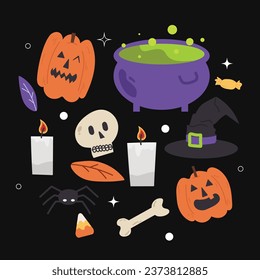 halloween decoration pumpkins bones witch in flat illustration