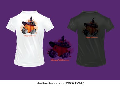 Halloween decoration with pumpkins and magic potions indoors, bats, purple background