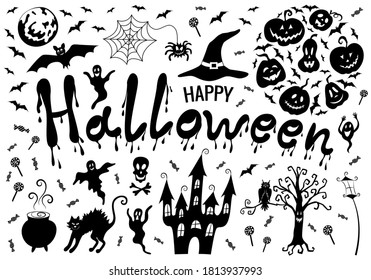 Halloween decoration set black: pumpkin jack lanterns, bats, spider and cobweb, witch hat, ghosts, creepy castle, tree, cat, owl, cauldron with potion, full moon. lettering with dripping paint. 