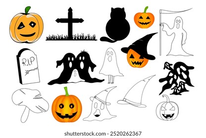 Decoração de Halloween definir fantasmas, gatos, túmulo, abóboras, Bruxa. Elementos e caracteres para o dia das bruxas