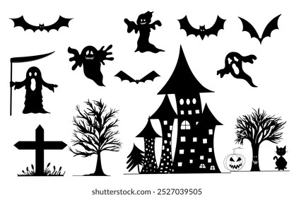 Decoração de Halloween definir fantasmas, gatos, túmulo, abóboras, Bruxa. Elementos e caracteres para o dia das bruxas