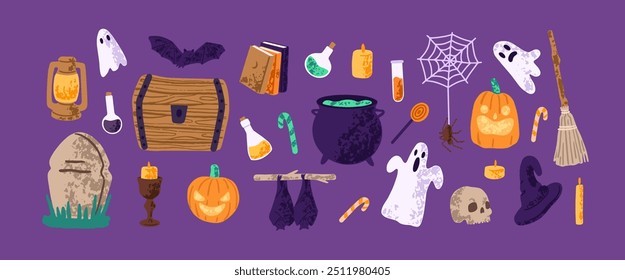 Halloween decoration set. Scary holiday symbols: spooky bats, ghosts, creepy pumpkins, pointed hat, cauldron, web. Helloween party design elements. Flat isolated hand drawn vector illustrations