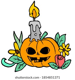 halloween decoration with spooky pumpkin and plants all around. vector illustration of cartoon doodle sticker draw