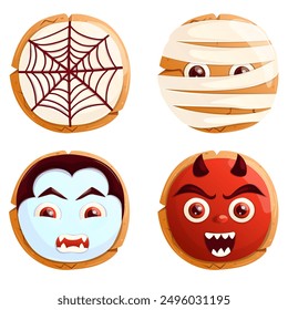 Halloween decoration sweet cookie set isolated on white. Mummy, devil, vampire, spiderweb sweet pastry. Poster, banner, postcard design element.