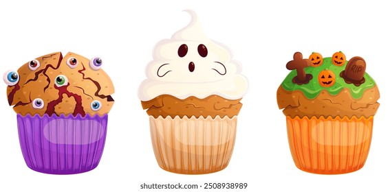 Decoração de Halloween muffin doce e cupcake isolado no branco. Ilustração de massa assustadora isolada em branco. Truque ou Trate