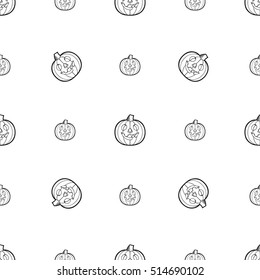 Halloween decoration. Vector illustration, seamless pattern. Pumpkin design with scary face on white. Vector illustration. Good for design or decoration