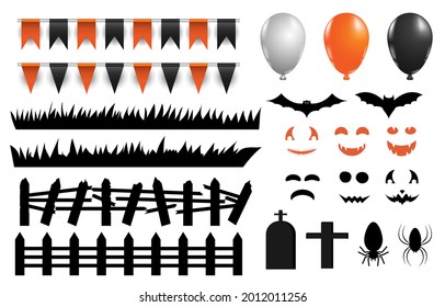 Halloween decoration vector set, broken fence, fence, ghost face, spiders, bats, balloons, party flags 