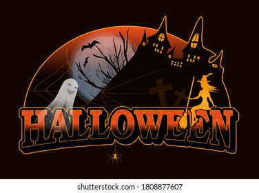 Halloween decorations. Background with castle, bats and ghost and young witch. Vector illustration.