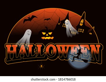 Halloween decorations. Background with castle, pumpkin, bats and ghost, young witch and moon. Vector illustration.