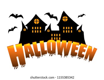 Halloween decorations. Castle and bats isolated on white background, title holiday. Vector illustration.