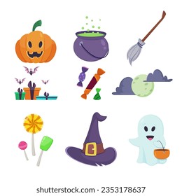 Halloween decorations or elements vector illustrations set. Collection of drawings of ghost costume, pumpkin, cauldron, witch hat and broom, candy, gift boxes. Halloween, celebration, holiday concept