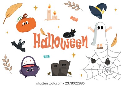 Halloween decorations include pumpkins, bats, witch hats, spiders, cats, candy and more
