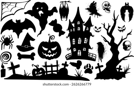 Halloween decorations including a pumpkin, a spider, a bat, a ghost Vector illustration