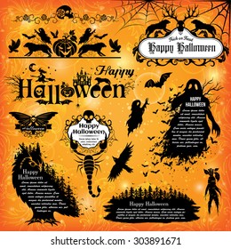 Halloween decorations, labels, icons, signs and other design elements.