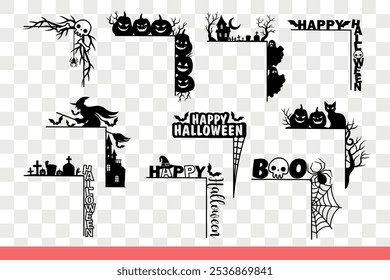 Halloween decorations on corners and frames for photos or cards with scary elements and titles. Flying witch and jack-o-lanterns on corners with symbols of halloween holiday. Hand drawn.