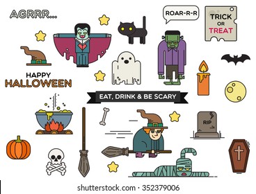 Halloween decorations party set scary monsters witch moon ghost trick or treat frankenstein pumpkin coffin mummy magic potion - Vector illustration lineart icons isolated