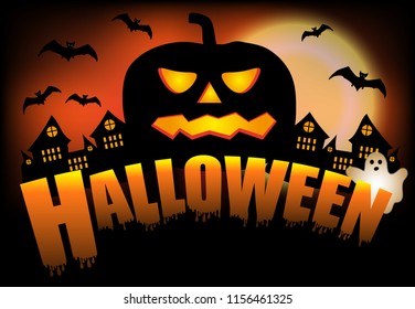 Halloween decorations. Pumpkin on the background of the castle with bats and Ghost, title holiday. Vector illustration.