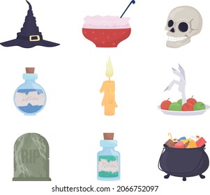 Halloween decorations semi flat color vector item set. Realistic object on white. October holiday isolated modern cartoon style illustration for graphic design and animation collection