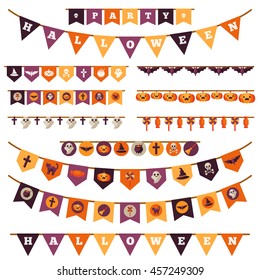 Halloween Decorations Set In Flat Style Isolated On White. Vector Illustration. Flag Garland With Holiday Cute Characters. 