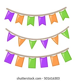 Halloween Decorations Set in Flat Style Isolated on White. Vector Illustration. Flag Garland with Holiday Cute Characters.