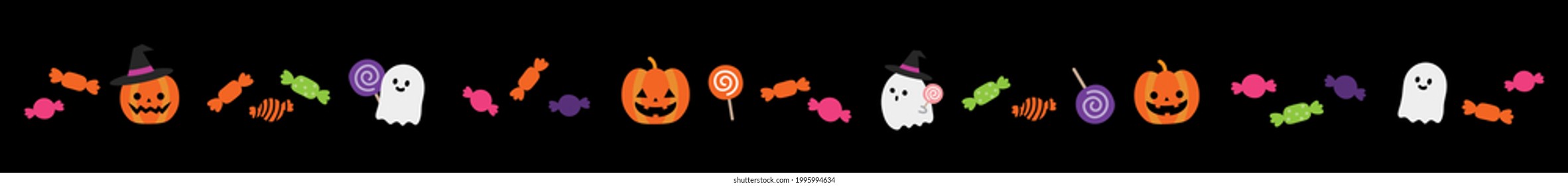 Halloween decorations, sweets and ghosts.  ruled line, Black background 